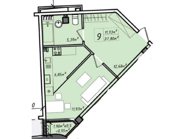 ЖК Graf у моря: планування 1-кімнатної квартири 37.8 м²