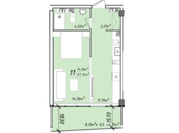 ЖК Graf у моря: планування 1-кімнатної квартири 37.74 м²