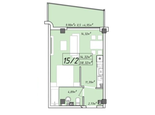 ЖК Graf у моря: планування 1-кімнатної квартири 38.32 м²