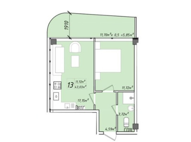 ЖК Graf у моря: планировка 1-комнатной квартиры 43.03 м²