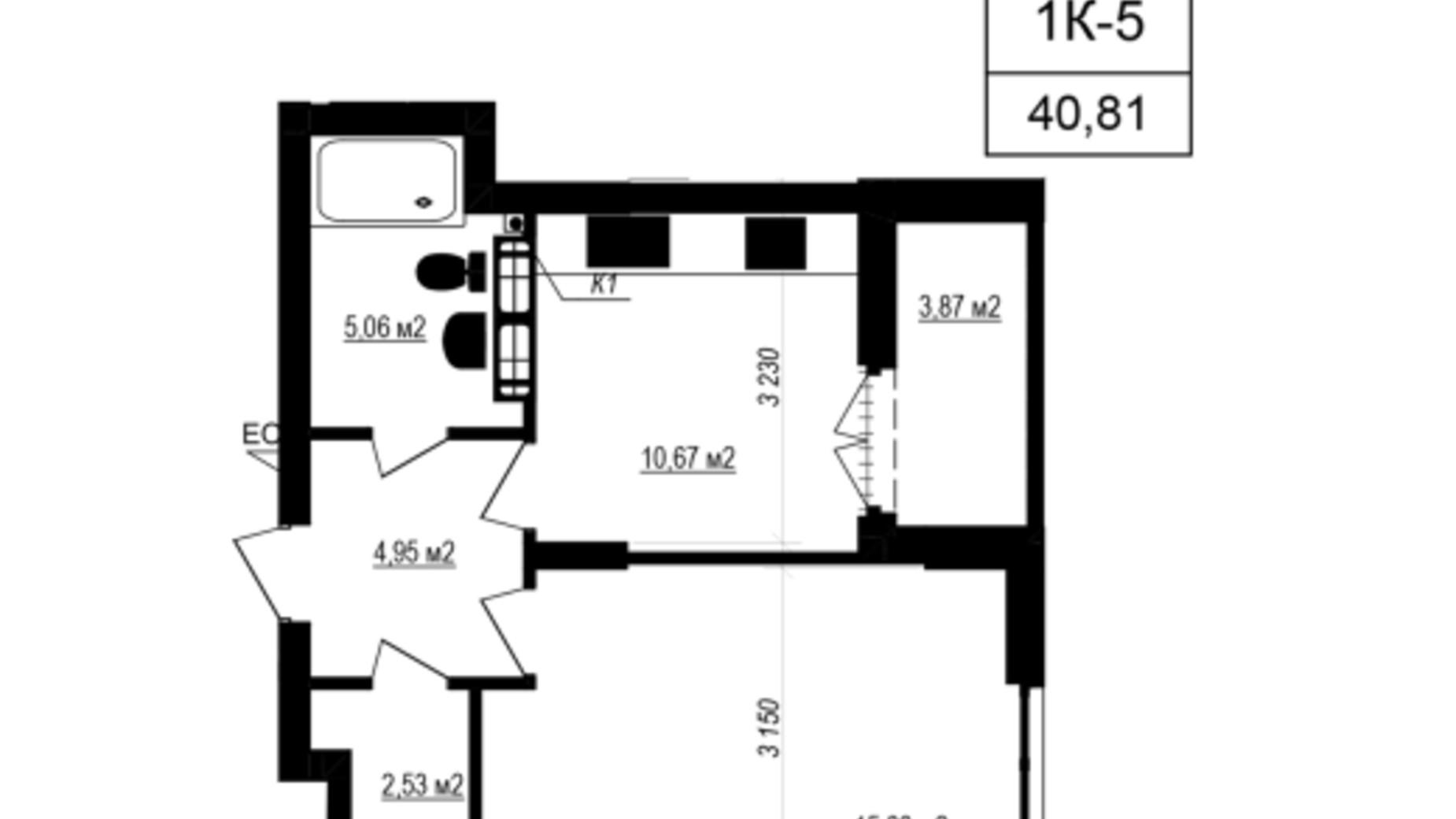 Планування 1-кімнатної квартири в ЖК Щасливий Grand 40.81 м², фото 618930