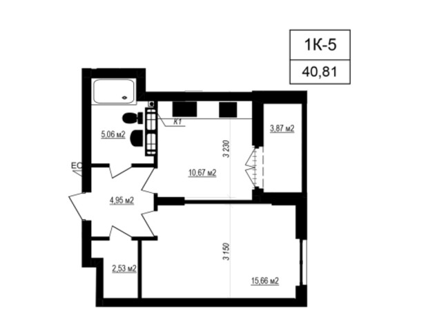 ЖК Щасливий Grand: планировка 1-комнатной квартиры 40.81 м²