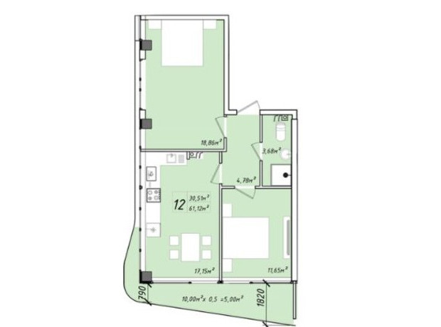 ЖК Graf у моря: планировка 2-комнатной квартиры 61.12 м²