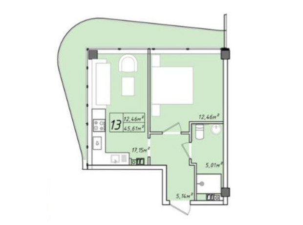 ЖК Graf у моря: планування 1-кімнатної квартири 45.61 м²