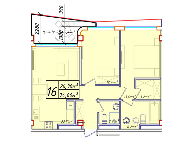 ЖК Graf у моря: планировка 2-комнатной квартиры 69.67 м²