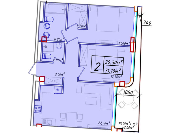 ЖК Graf у моря: планування 2-кімнатної квартири 72.83 м²