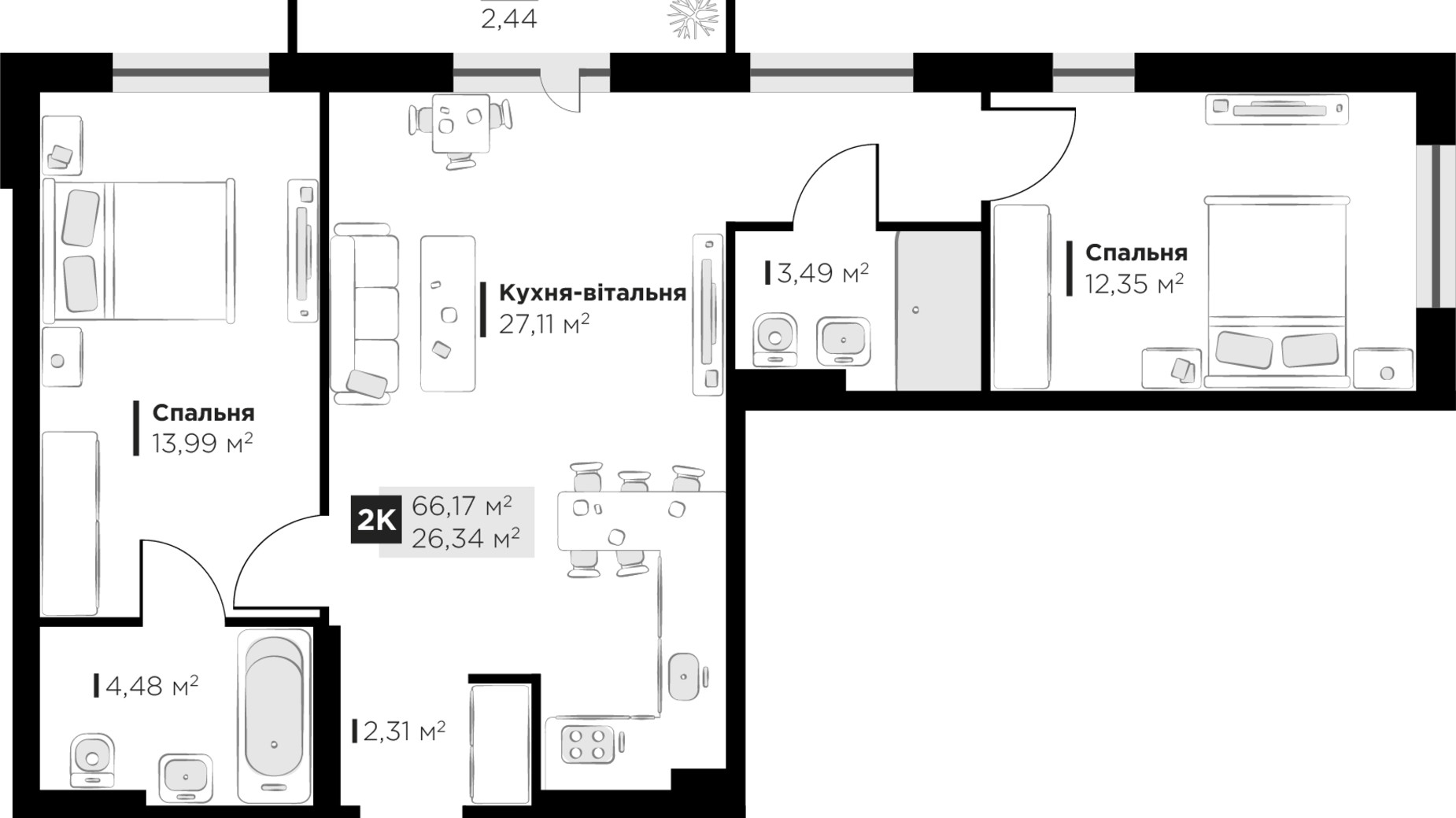 Планировка 2-комнатной квартиры в ЖК PERFECT LIFE 66.17 м², фото 618971