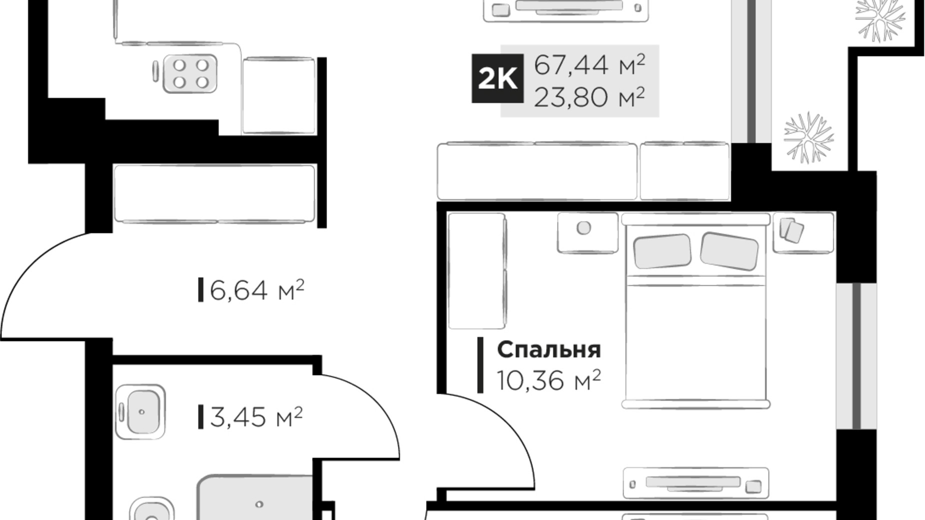 Планировка 2-комнатной квартиры в ЖК PERFECT LIFE 67.44 м², фото 618974