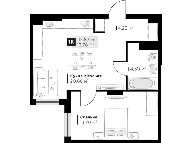 ЖК PERFECT LIFE: планировка 1-комнатной квартиры 42.93 м²