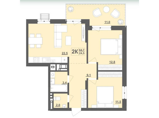 ЖК Грушевский: планировка 2-комнатной квартиры 64.7 м²
