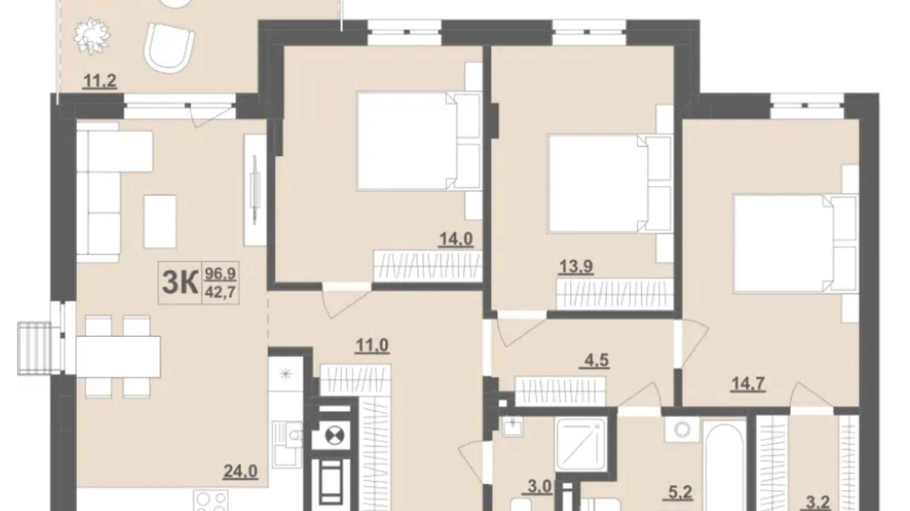 Планировка 3-комнатной квартиры в ЖК Грушевский 96.9 м², фото 619094