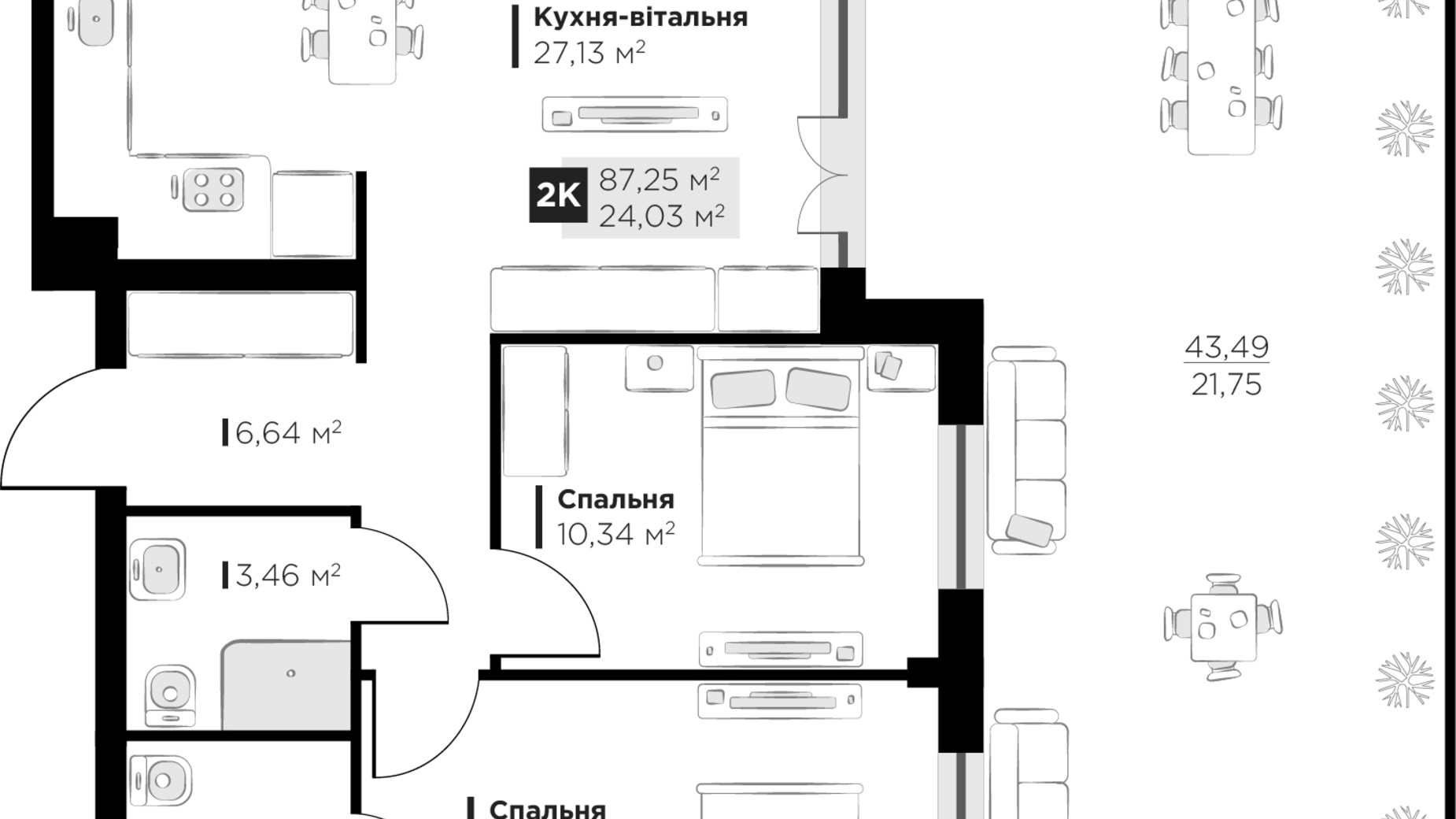 Планировка 2-комнатной квартиры в ЖК PERFECT LIFE 87.25 м², фото 619145