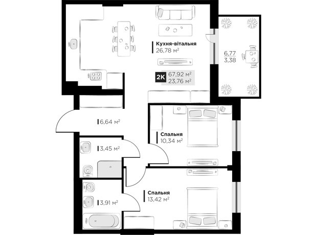 ЖК PERFECT LIFE: планування 2-кімнатної квартири 67.92 м²