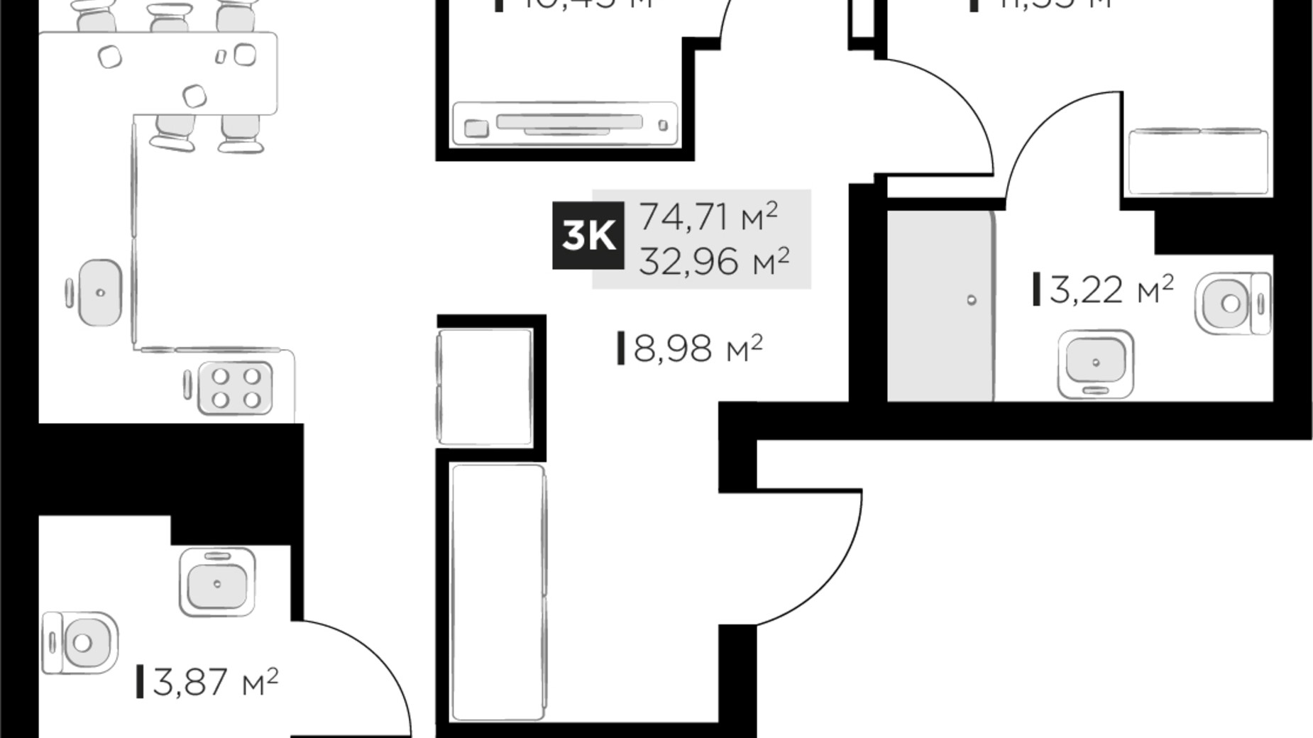 Планування 3-кімнатної квартири в ЖК PERFECT LIFE 74.71 м², фото 619152