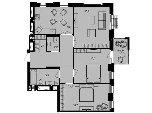 ЖК Central Park Vinnytsia: планування 3-кімнатної квартири 88.8 м²