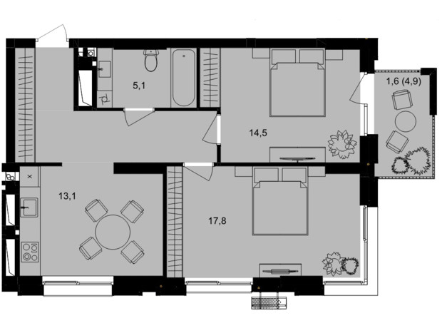 ЖК Central Park Vinnytsia: планування 2-кімнатної квартири 62.8 м²