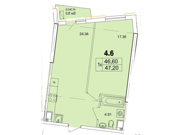 Апарт-комплекс Итака: планировка 1-комнатной квартиры 47.2 м²