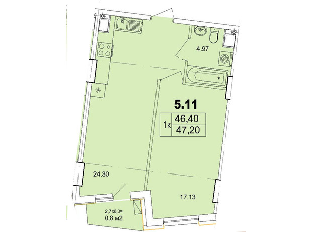 Апарт-комплекс Ітака: планування 1-кімнатної квартири 47.2 м²