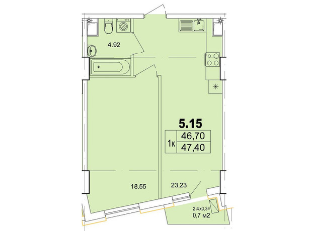 Апарт-комплекс Итака: планировка 1-комнатной квартиры 47.4 м²