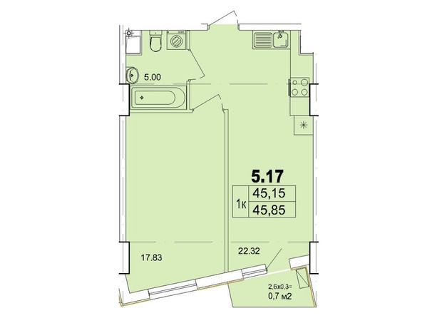 Апарт-комплекс Ітака: планування 1-кімнатної квартири 45.85 м²