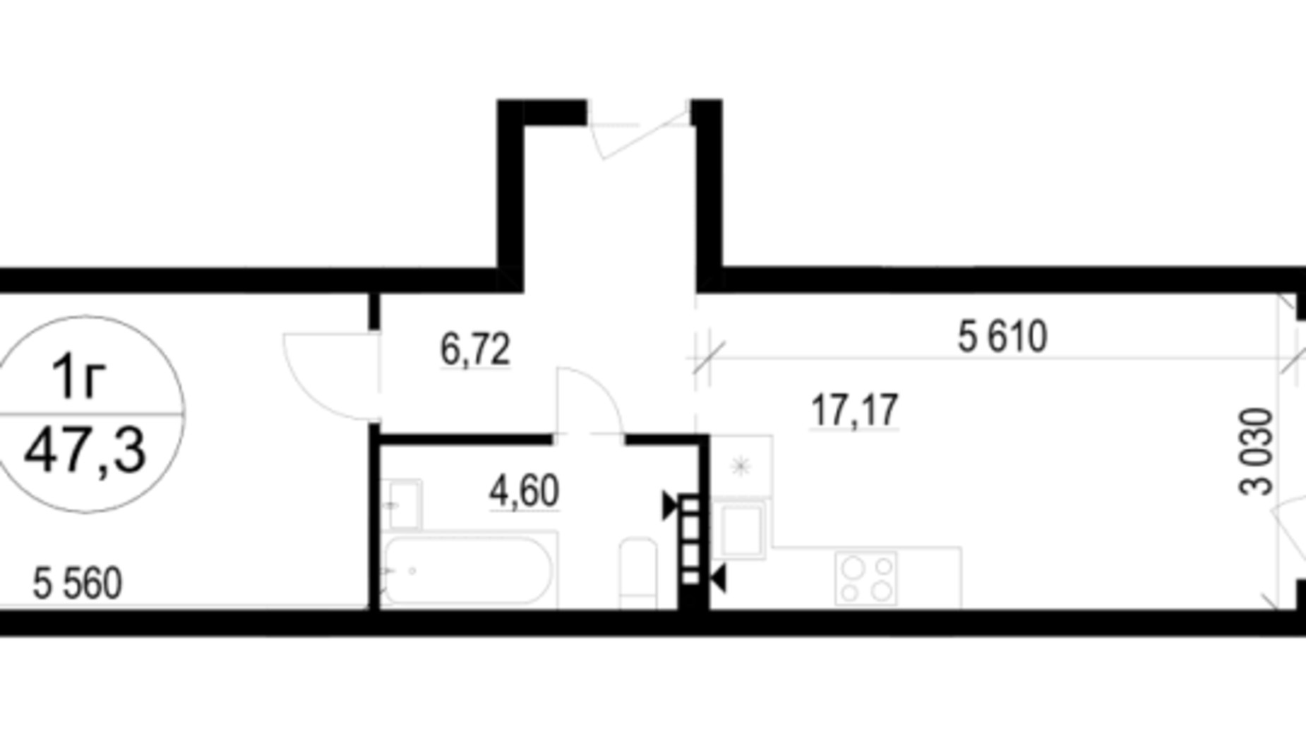 Планування 1-кімнатної квартири в ЖК Грінвуд-4  47.3 м², фото 619316