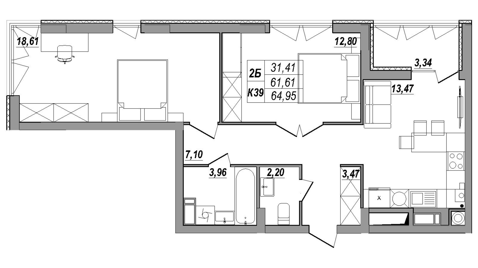 Планування 2-кімнатної квартири в ЖК Сонячна Тераса 64.95 м², фото 619462