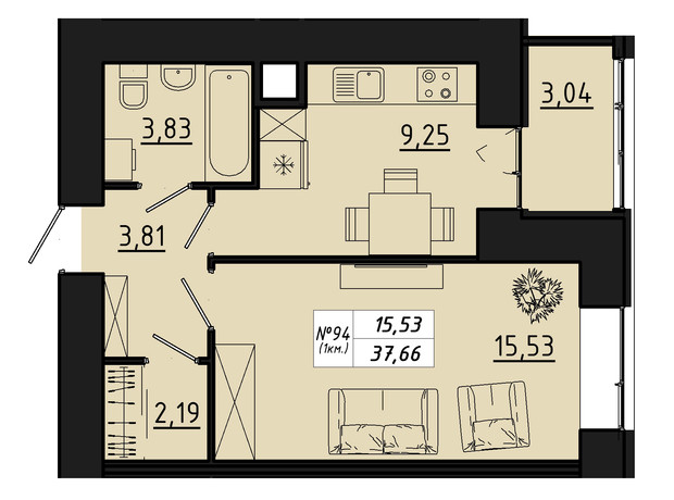 ЖК Freedom: планування 1-кімнатної квартири 37.66 м²