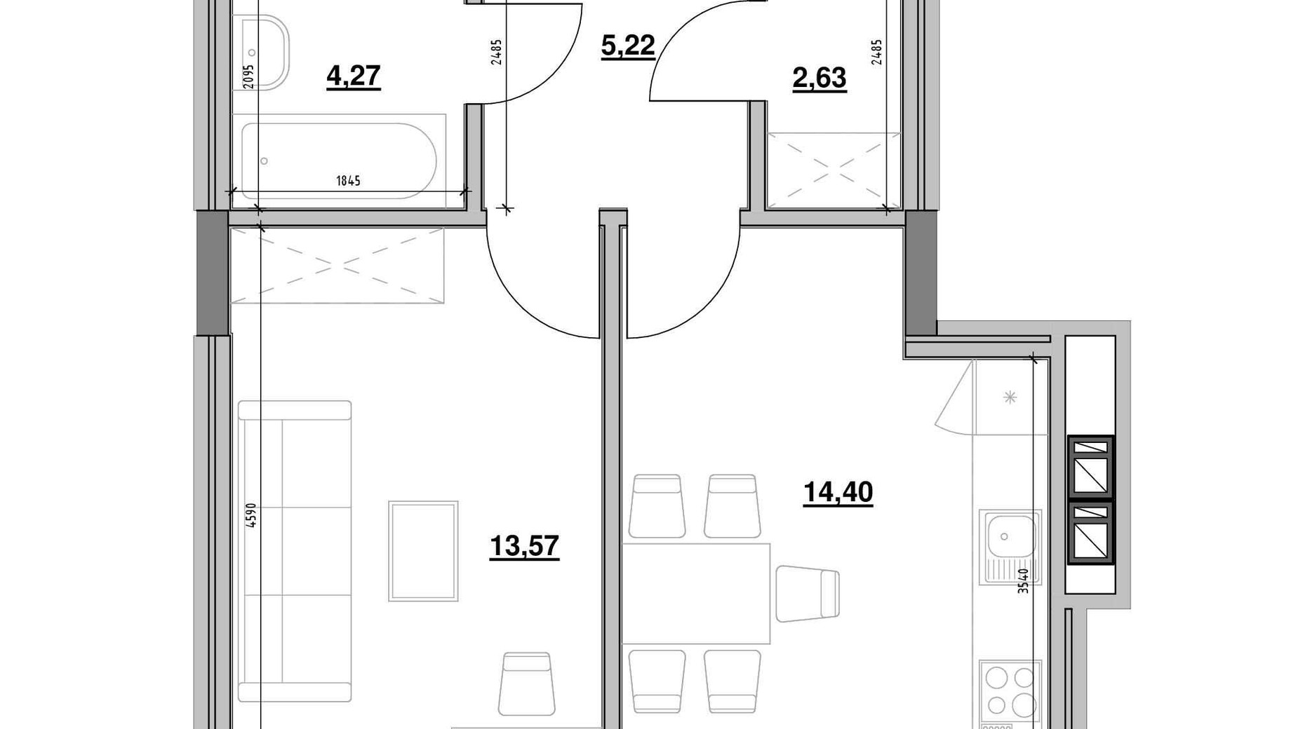 Планировка 1-комнатной квартиры в ЖК Вилла Погулянка 41.9 м², фото 619745