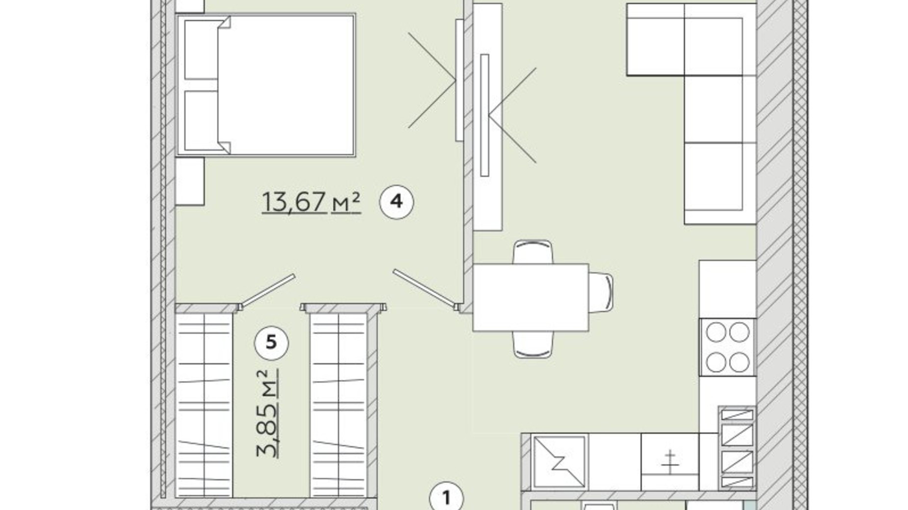 Планування 1-кімнатної квартири в ЖК Osnova 46.73 м², фото 619825