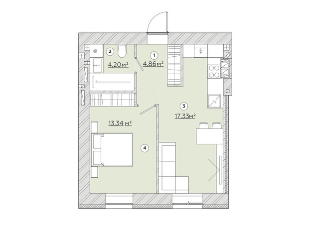 ЖК Osnova: планировка 1-комнатной квартиры 40.09 м²