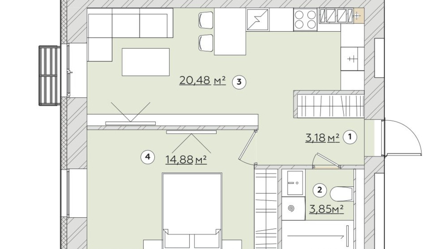 Планування 1-кімнатної квартири в ЖК Osnova 43.43 м², фото 619830