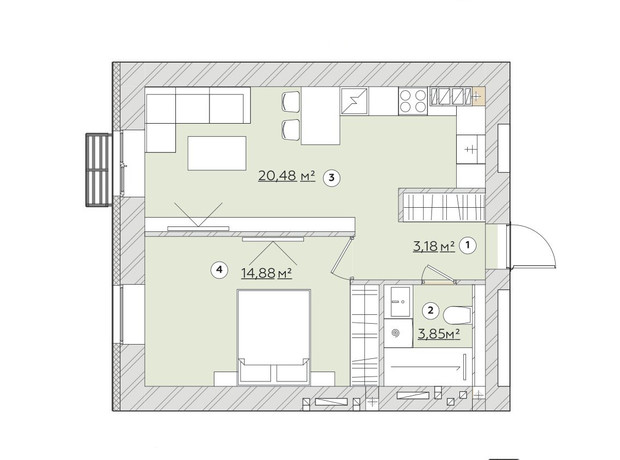 ЖК Osnova: планировка 1-комнатной квартиры 43.43 м²