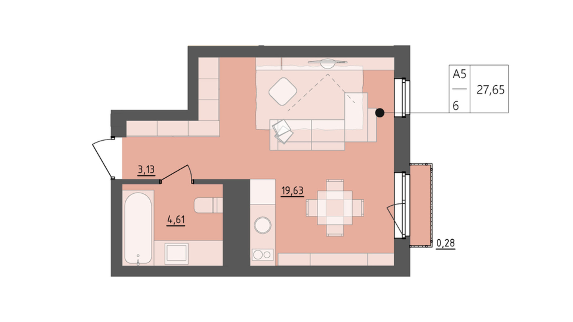Планировка апартаментов в ЖК Milltown 27.85 м², фото 619849