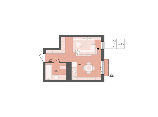 ЖК Milltown: планування 1-кімнатної квартири 27.85 м²