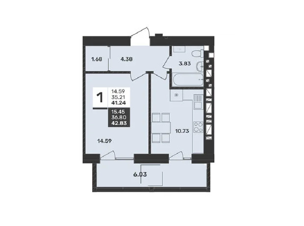 ЖК Соседи-2: планировка 1-комнатной квартиры 41.24 м²