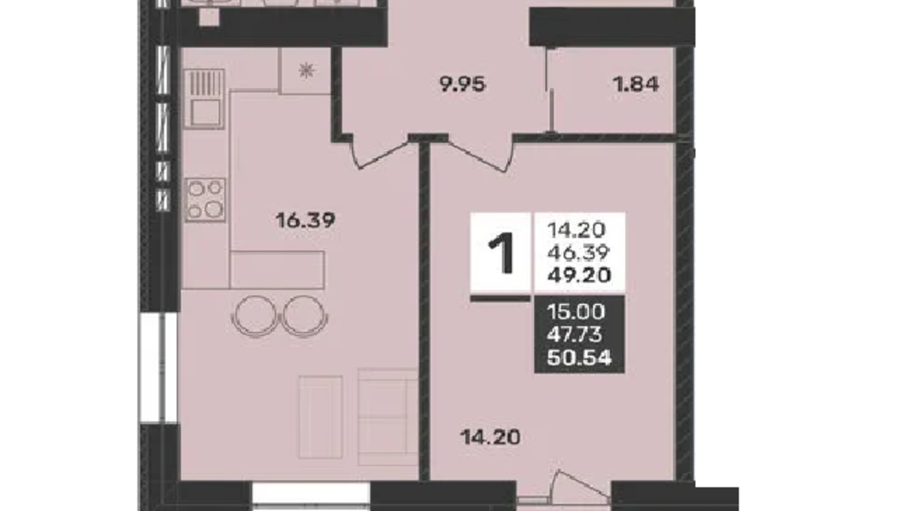 Планування 1-кімнатної квартири в ЖК Сусіди-2 49.2 м², фото 619910
