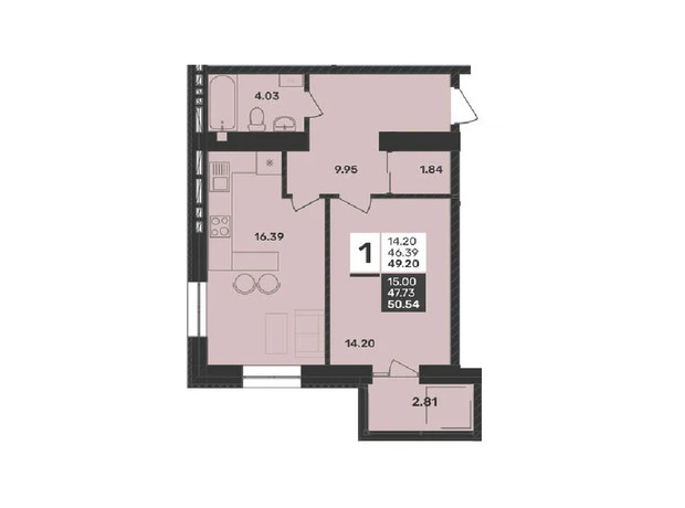 ЖК Сусіди-2: планування 1-кімнатної квартири 49.2 м²