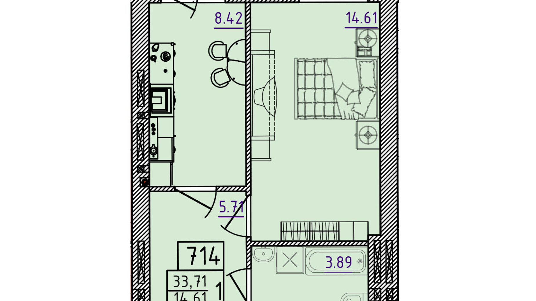 Планировка 1-комнатной квартиры в ЖК Парк Морской 33.71 м², фото 619963