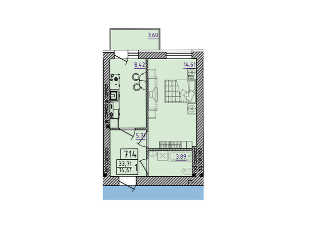 ЖК Парк Морской: планировка 1-комнатной квартиры 33.71 м²