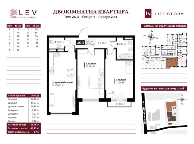 ЖК Life Story: планування 2-кімнатної квартири 65.85 м² ЖК Life Story: планування 2-кімнатної квартири 65.85 м²