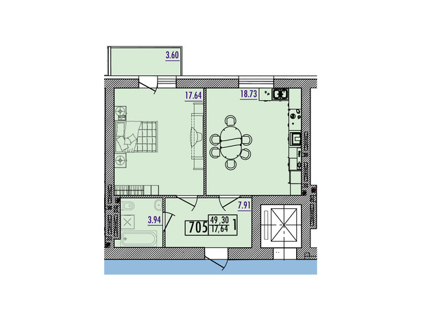 ЖК Парк Морской: планировка 1-комнатной квартиры 49.3 м²