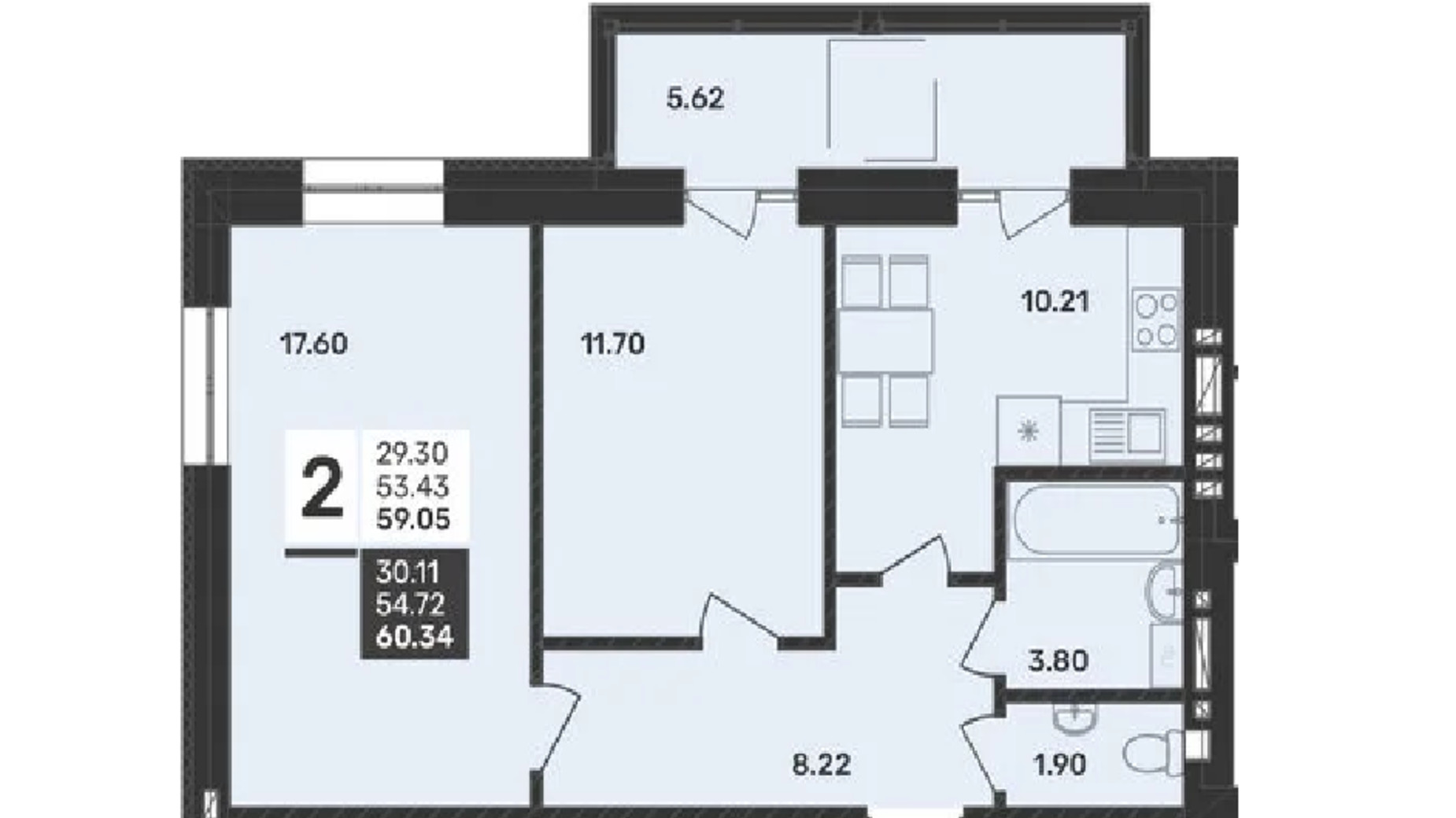 Планування 2-кімнатної квартири в ЖК Сусіди-2 59.05 м², фото 620044