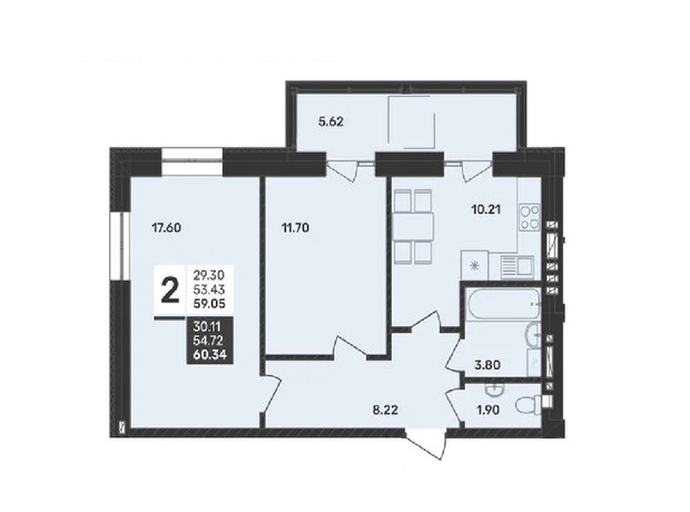 ЖК Соседи-2: планировка 2-комнатной квартиры 59.05 м²