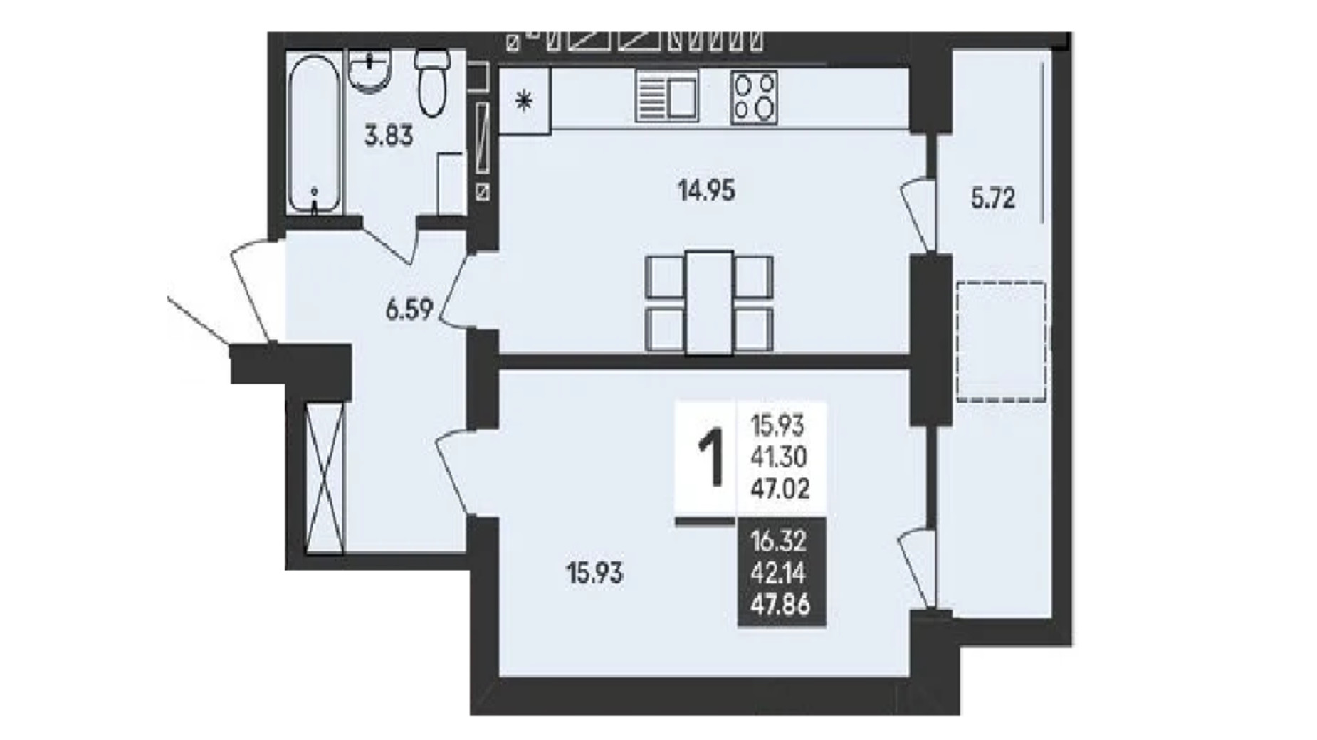 Планування 1-кімнатної квартири в ЖК Сусіди-2 47.02 м², фото 620065