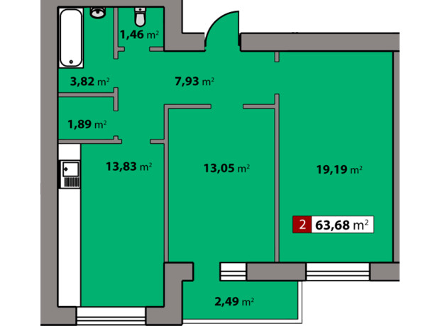ЖК Парковий квартал: планування 2-кімнатної квартири 63.68 м²