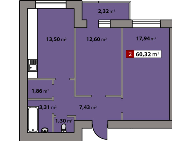 ЖК Парковый квартал: планировка 2-комнатной квартиры 60.32 м²