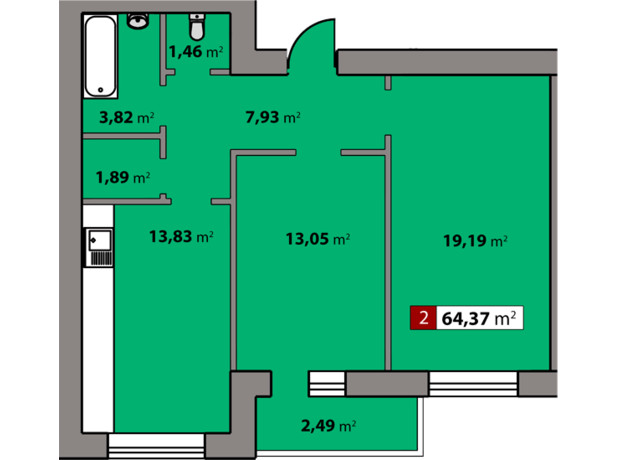 ЖК Парковий квартал: планування 2-кімнатної квартири 64.37 м²