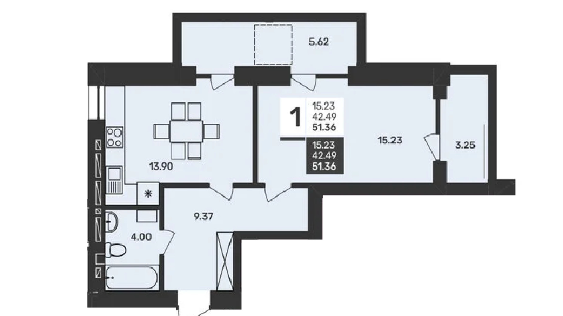 Планування 1-кімнатної квартири в ЖК Сусіди-2 51.36 м², фото 620103