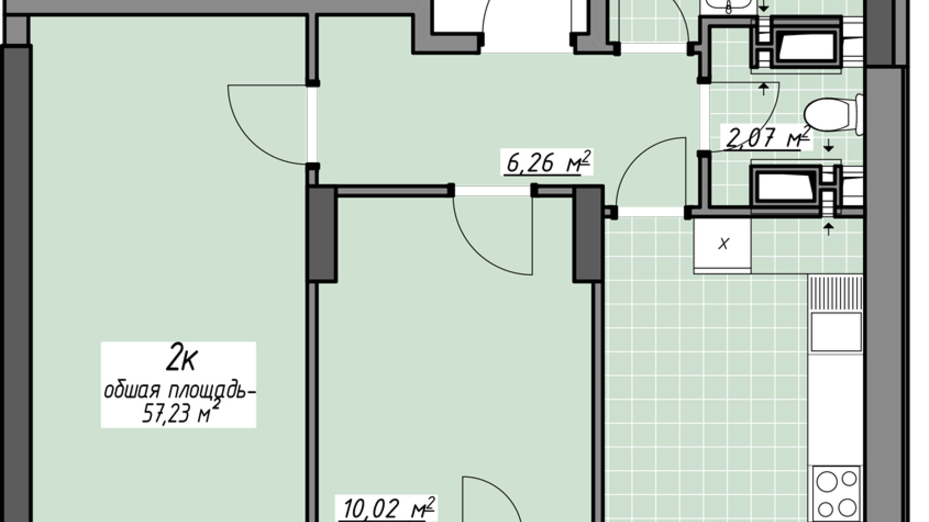 Планировка 2-комнатной квартиры в ЖК Одесские традиции на Глушко 57.23 м², фото 620121