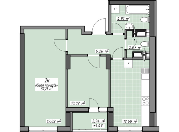 ЖК Одеські традиції на Глушко: планування 2-кімнатної квартири 57.23 м²